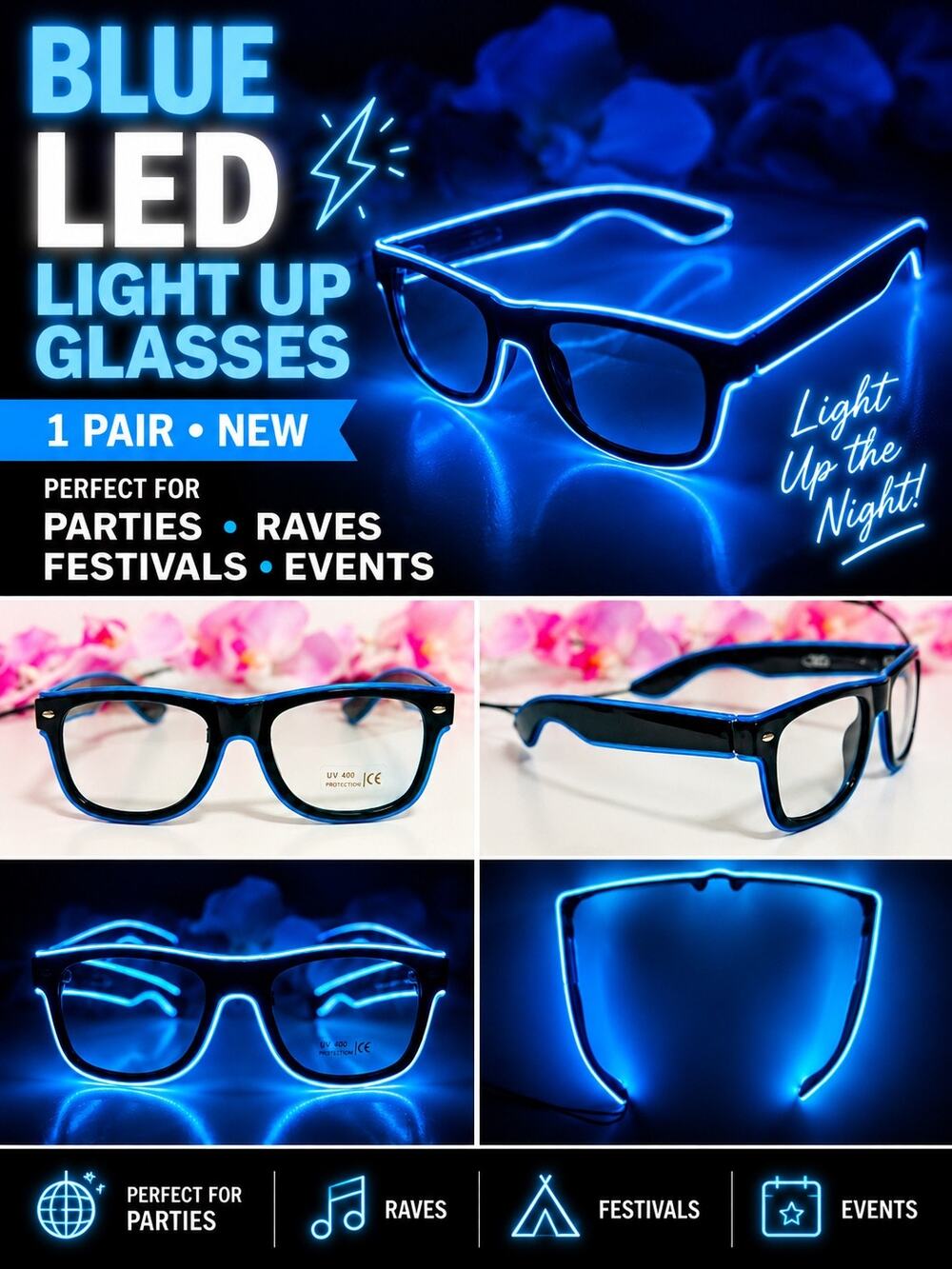 Blue LED Light Up Glasses Black Frame UV400 Rave Festival Party